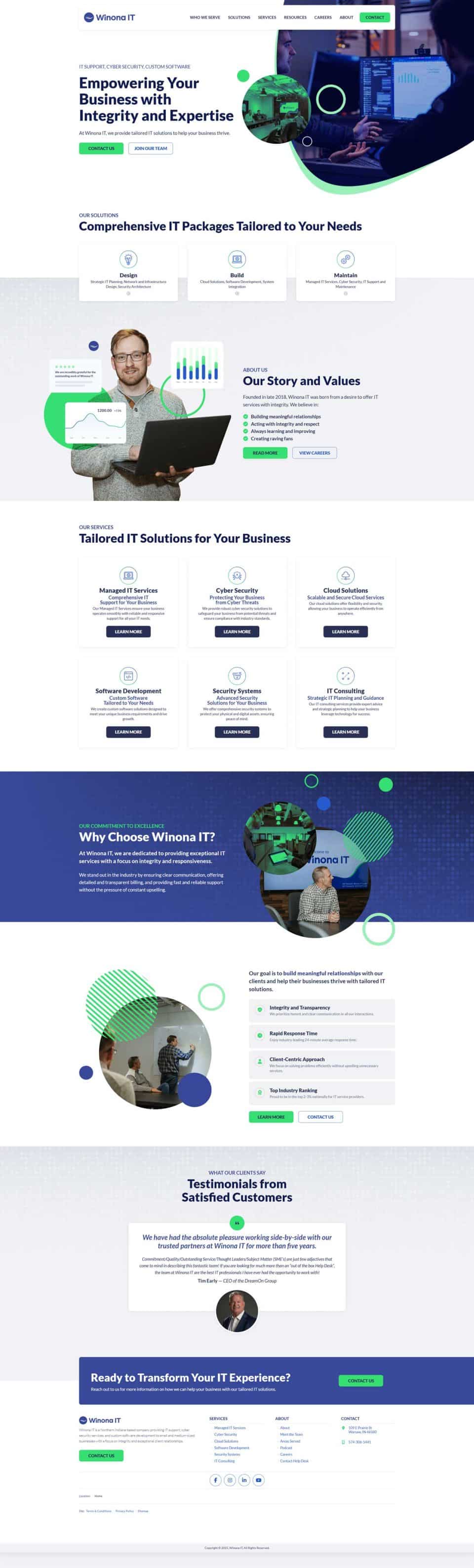 Screenshot of an IT company website highlighting services, values, and testimonials.