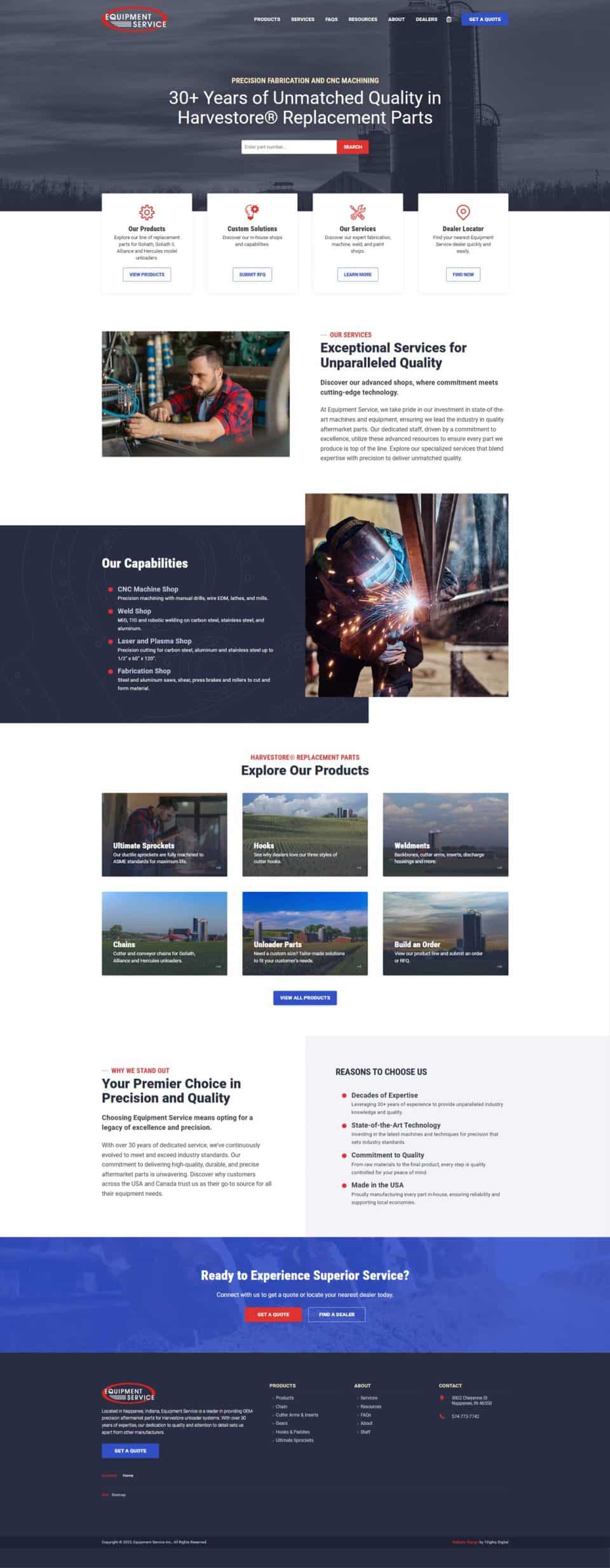 A business website offering Harvester® replacement parts and repair services.