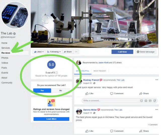 Screenshot of The Lab in Warsaw's Facebook page with an arrow pointing to their reviews.